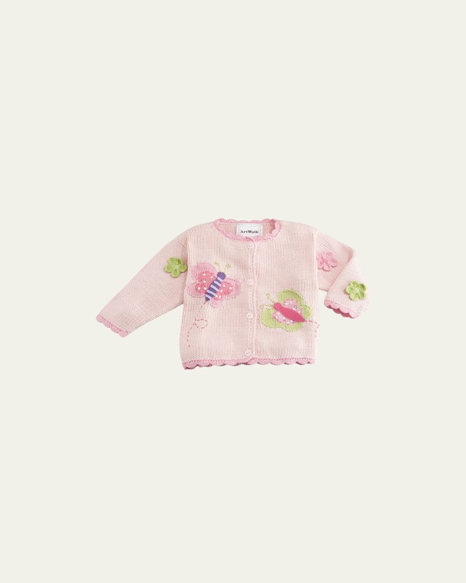 Butterflies Cotton Button-Front Sweater, Pink, Size 6-24